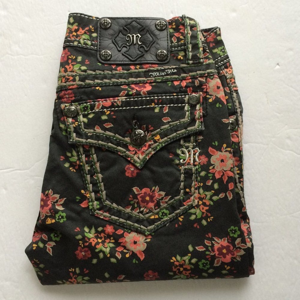 Miss Me Cargo Ankle Skinny Jeans Sz 26 x 29 Black Floral Flap Pockets CP4019AK3